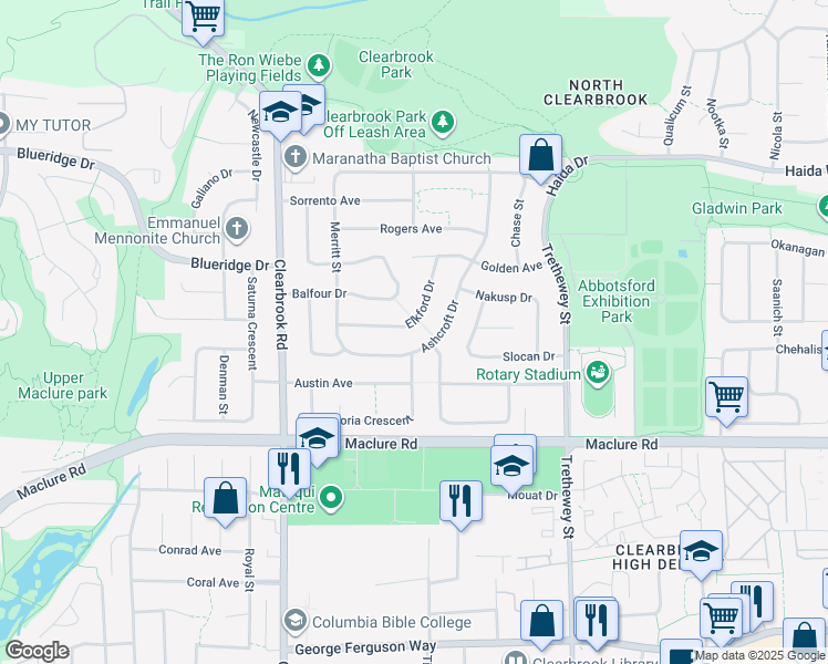 map of restaurants, bars, coffee shops, grocery stores, and more near 3376 Elkford Drive in Abbotsford
