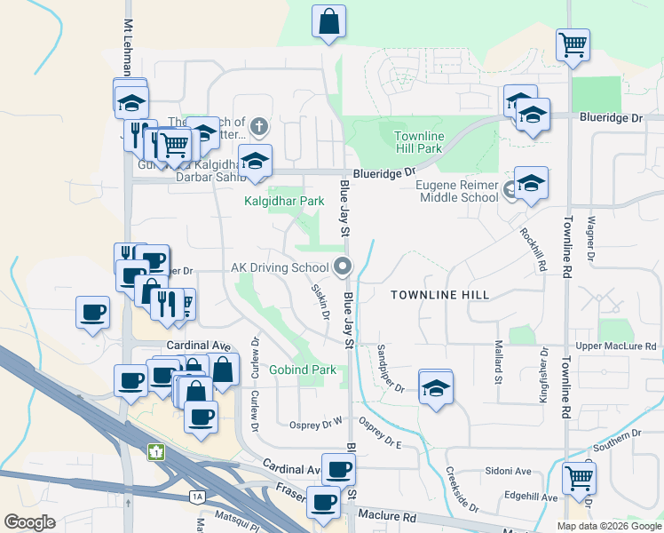 map of restaurants, bars, coffee shops, grocery stores, and more near 30758 Stellar Court in Abbotsford