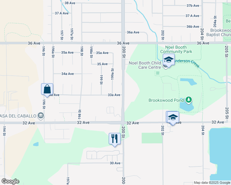 map of restaurants, bars, coffee shops, grocery stores, and more near 3383 200 Street in Langley