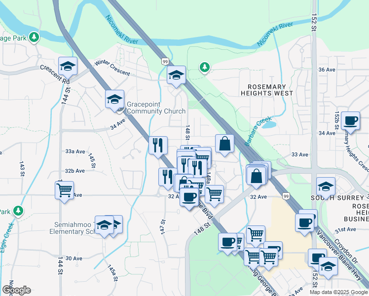 map of restaurants, bars, coffee shops, grocery stores, and more near 3339 148 Street in Surrey
