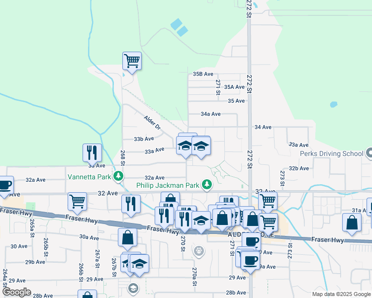 map of restaurants, bars, coffee shops, grocery stores, and more near 3329 270 Street in Langley