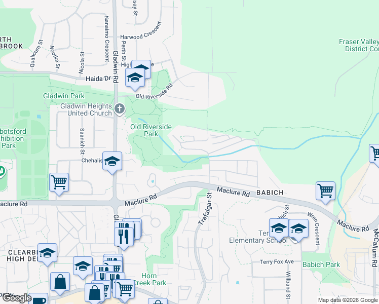 map of restaurants, bars, coffee shops, grocery stores, and more near 3351 Horn Street in Abbotsford