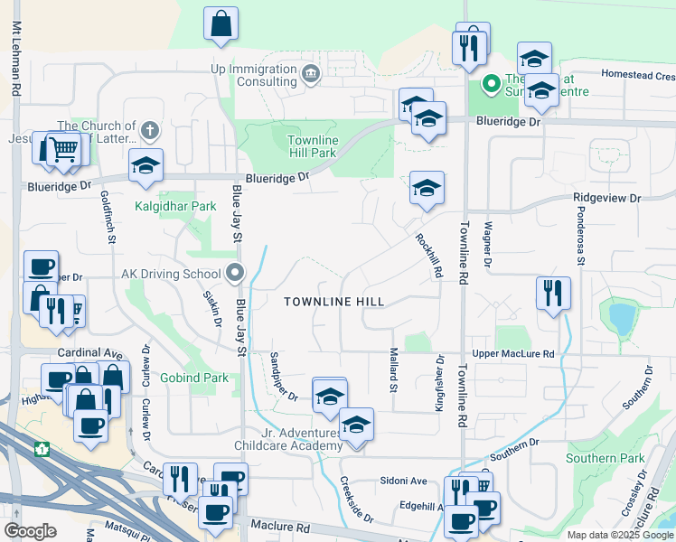 map of restaurants, bars, coffee shops, grocery stores, and more near 3333 Firhill Drive in Abbotsford