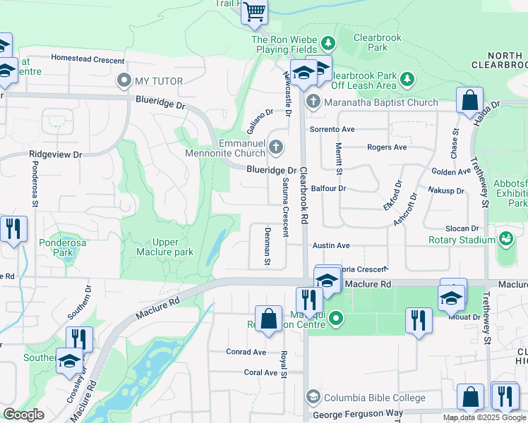 map of restaurants, bars, coffee shops, grocery stores, and more near 31910 Mayne Avenue in Abbotsford