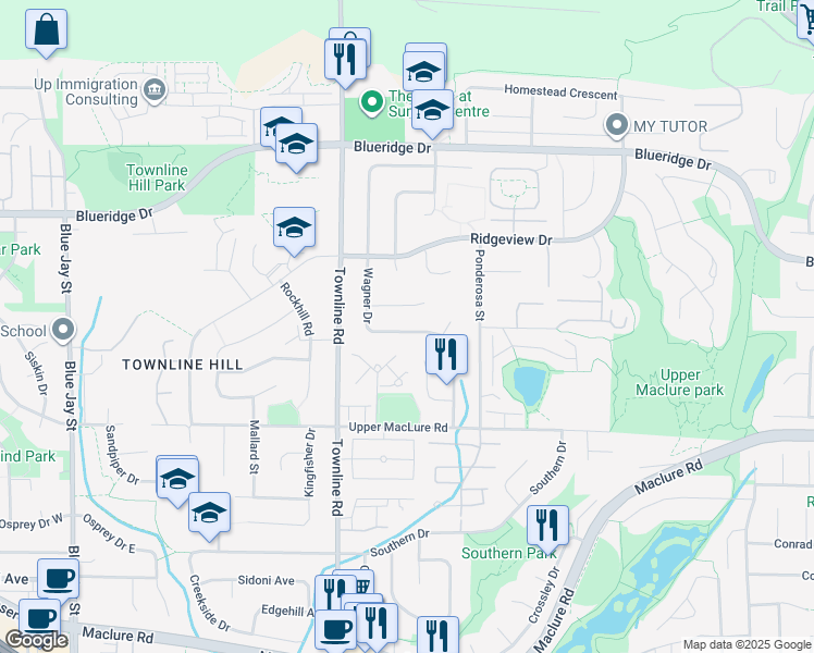 map of restaurants, bars, coffee shops, grocery stores, and more near 31297 Wagner Drive in Abbotsford