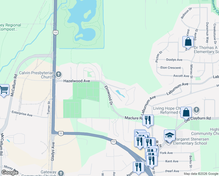map of restaurants, bars, coffee shops, grocery stores, and more near 3350 Elmwood Drive in Abbotsford