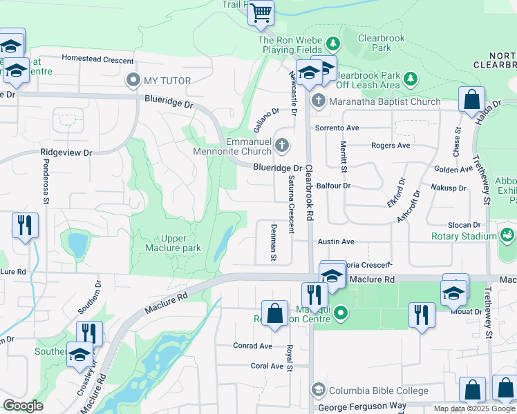 map of restaurants, bars, coffee shops, grocery stores, and more near 31875 Mayne Avenue in Abbotsford