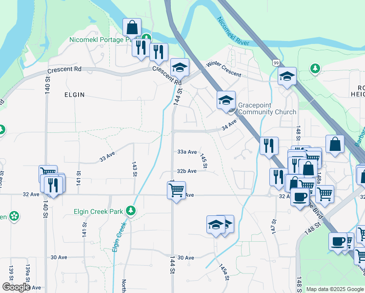 map of restaurants, bars, coffee shops, grocery stores, and more near 14433 33A Avenue in Surrey