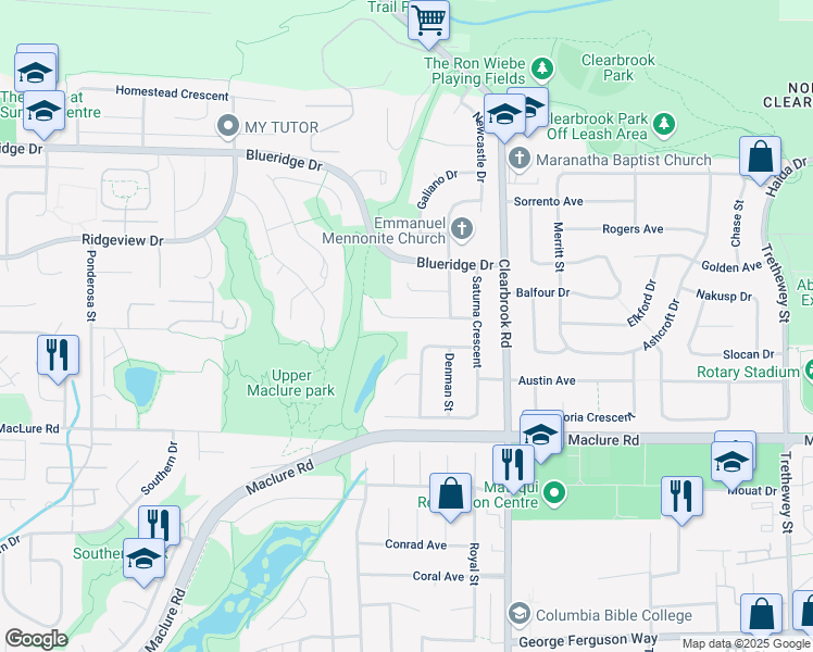 map of restaurants, bars, coffee shops, grocery stores, and more near 31858 Mayne Avenue in Abbotsford