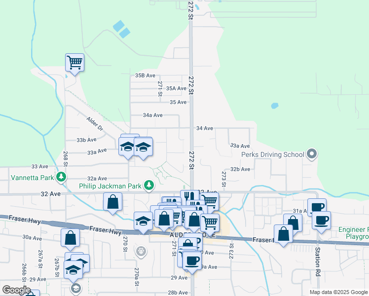 map of restaurants, bars, coffee shops, grocery stores, and more near 27177 33A Avenue in Langley Township