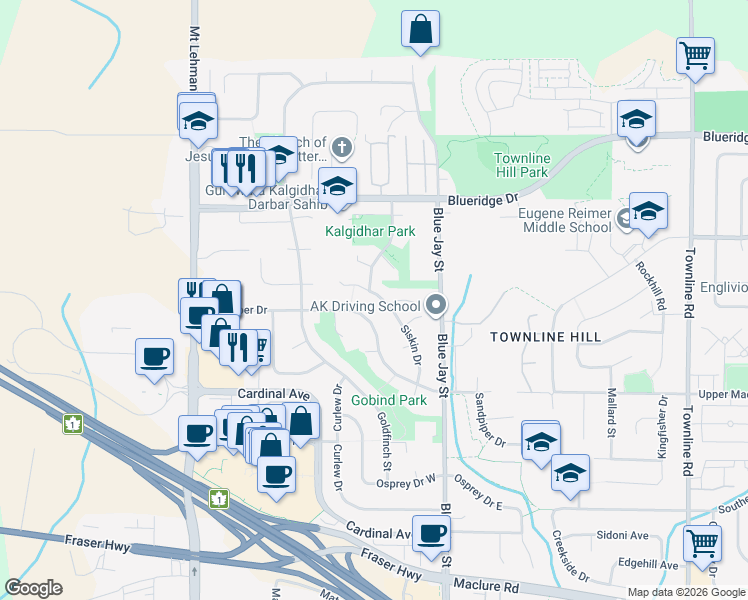 map of restaurants, bars, coffee shops, grocery stores, and more near 3341 Siskin Drive in Abbotsford