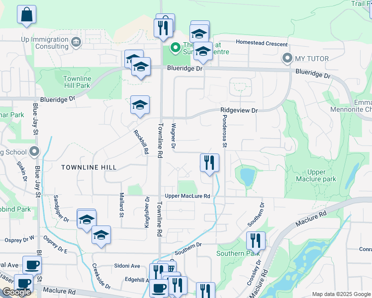map of restaurants, bars, coffee shops, grocery stores, and more near 31279 Wagner Drive in Abbotsford