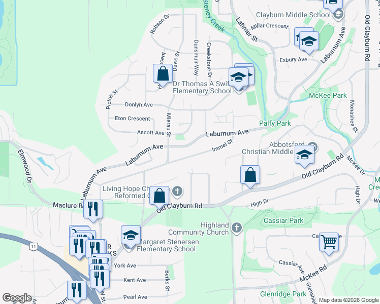 map of restaurants, bars, coffee shops, grocery stores, and more near 34671 Immel Street in Abbotsford