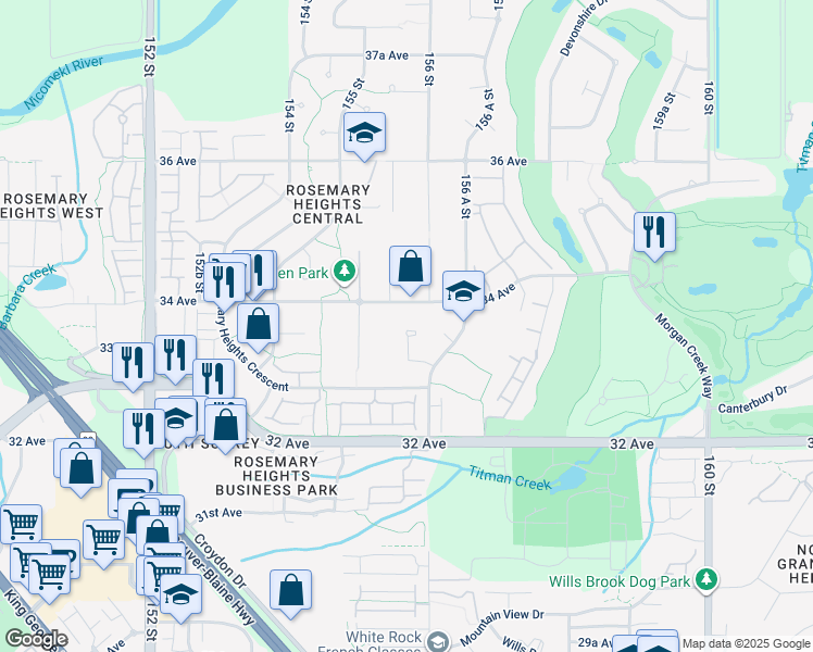 map of restaurants, bars, coffee shops, grocery stores, and more near in Surrey