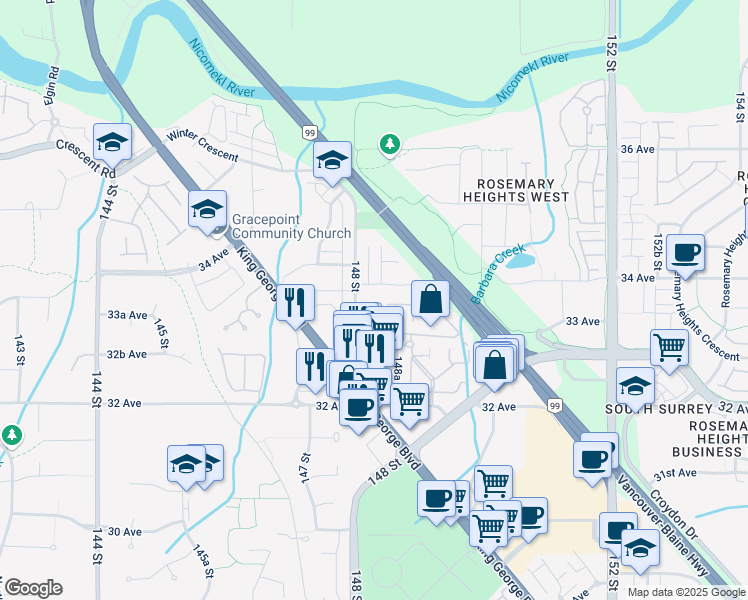 map of restaurants, bars, coffee shops, grocery stores, and more near 14843 33A Avenue in Surrey