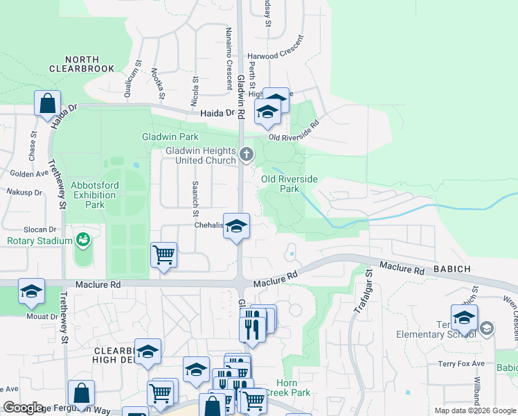 map of restaurants, bars, coffee shops, grocery stores, and more near 3380 Gladwin Road in Abbotsford
