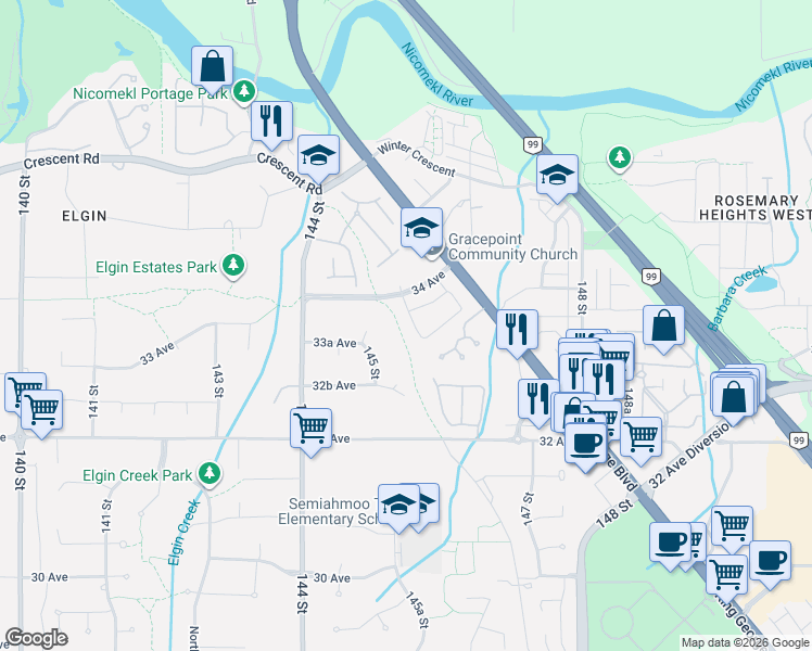 map of restaurants, bars, coffee shops, grocery stores, and more near 3367 145A Street in Surrey