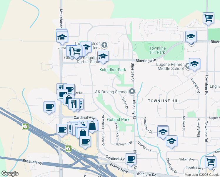 map of restaurants, bars, coffee shops, grocery stores, and more near 3345 Siskin Drive in Abbotsford