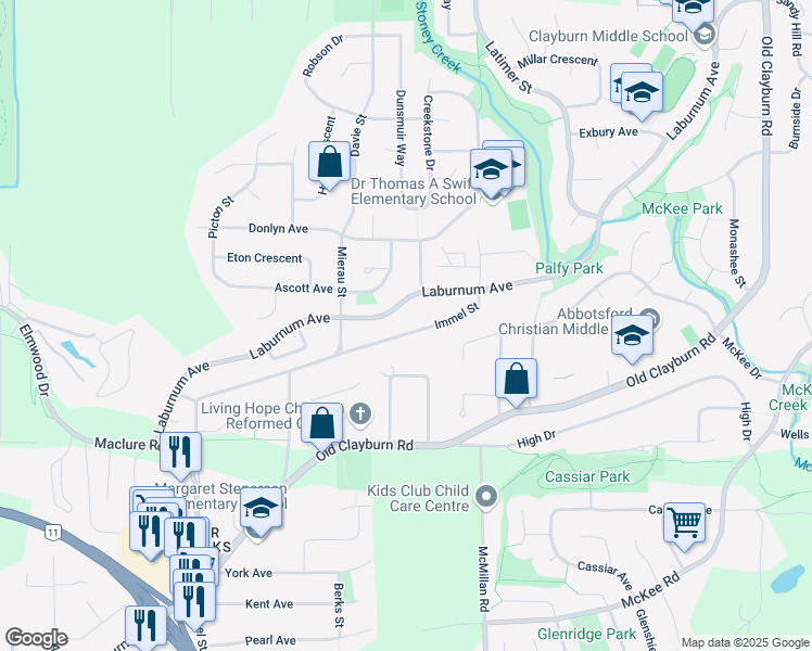 map of restaurants, bars, coffee shops, grocery stores, and more near 34699 Immel Street in Abbotsford