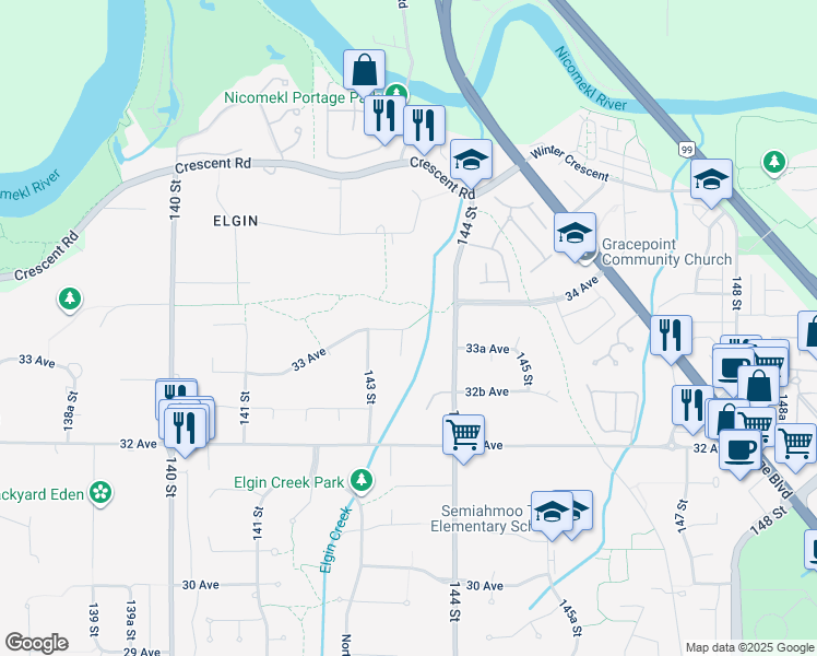 map of restaurants, bars, coffee shops, grocery stores, and more near 4208 33 Avenue in Surrey