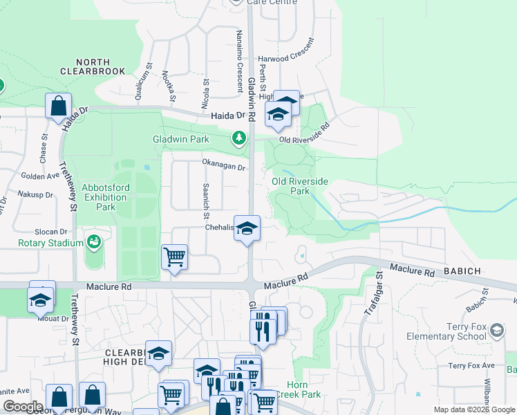 map of restaurants, bars, coffee shops, grocery stores, and more near 3384 Gladwin Road in Abbotsford