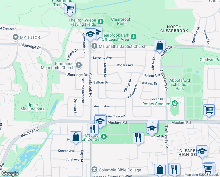 map of restaurants, bars, coffee shops, grocery stores, and more near 32077 Ashcroft Drive in Abbotsford
