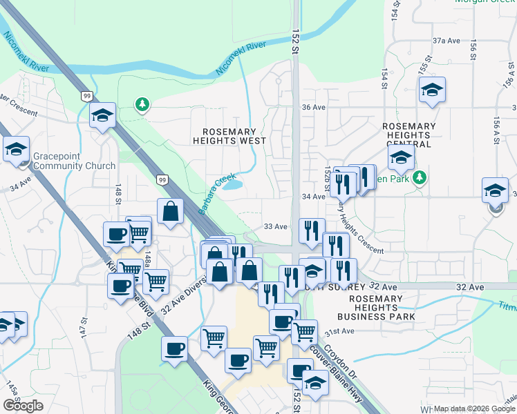 map of restaurants, bars, coffee shops, grocery stores, and more near 3399 151 Street in Surrey