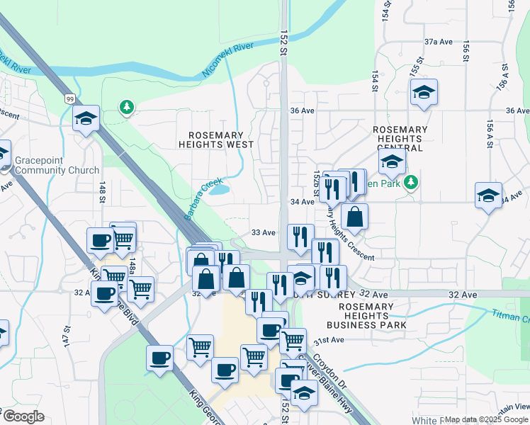 map of restaurants, bars, coffee shops, grocery stores, and more near 15138 34 Avenue in Surrey