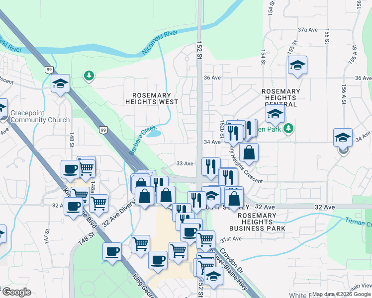 map of restaurants, bars, coffee shops, grocery stores, and more near 15138 34 Avenue in Surrey