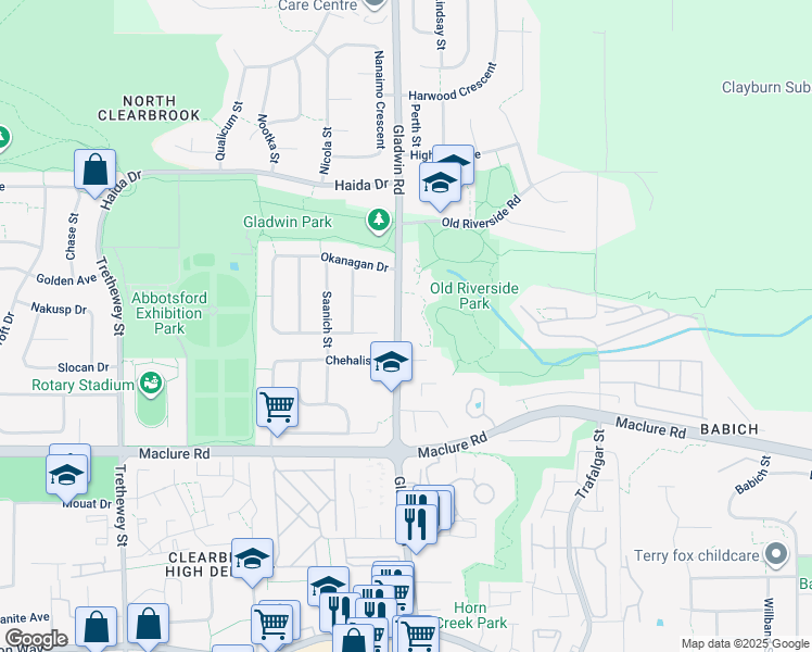 map of restaurants, bars, coffee shops, grocery stores, and more near 3384 Gladwin Road in Abbotsford