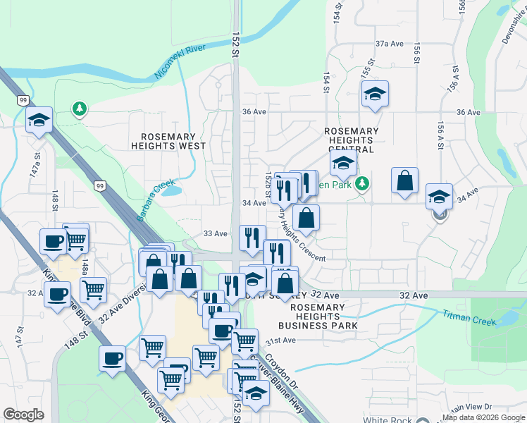 map of restaurants, bars, coffee shops, grocery stores, and more near 3363 Rosemary Heights Crescent in Surrey