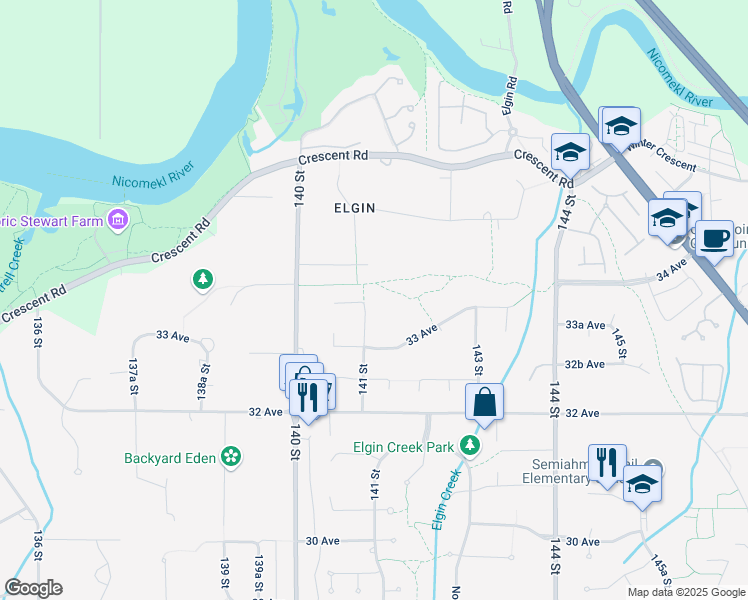 map of restaurants, bars, coffee shops, grocery stores, and more near 3370 141 Street in Surrey