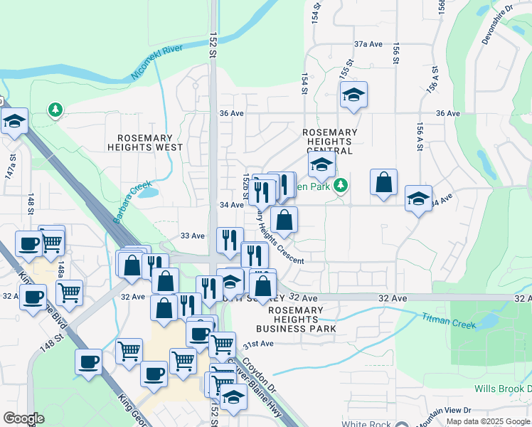map of restaurants, bars, coffee shops, grocery stores, and more near in Surrey