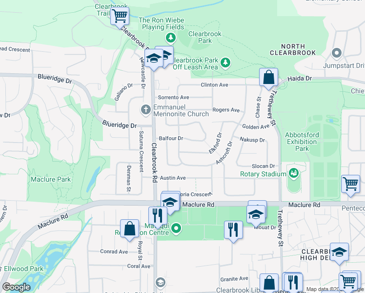 map of restaurants, bars, coffee shops, grocery stores, and more near 32077 Ashcroft Drive in Abbotsford