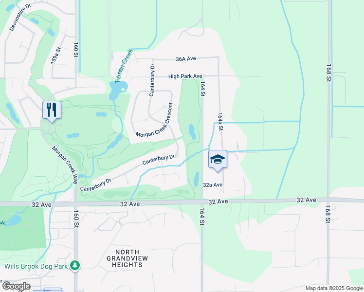 map of restaurants, bars, coffee shops, grocery stores, and more near 3412 Canterbury Drive in Surrey