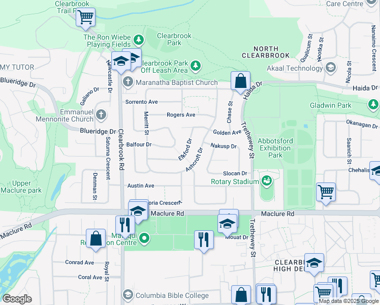 map of restaurants, bars, coffee shops, grocery stores, and more near 3384 Elkford Drive in Abbotsford
