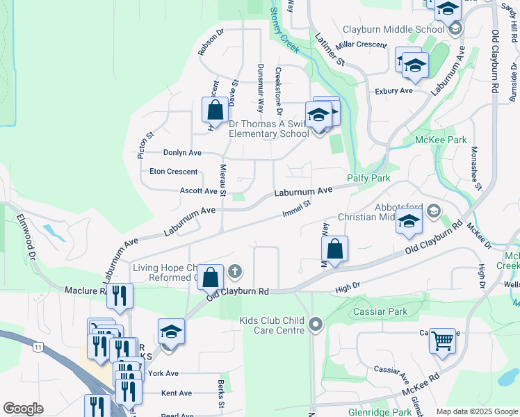 map of restaurants, bars, coffee shops, grocery stores, and more near 34684 Laburnum Avenue in Abbotsford