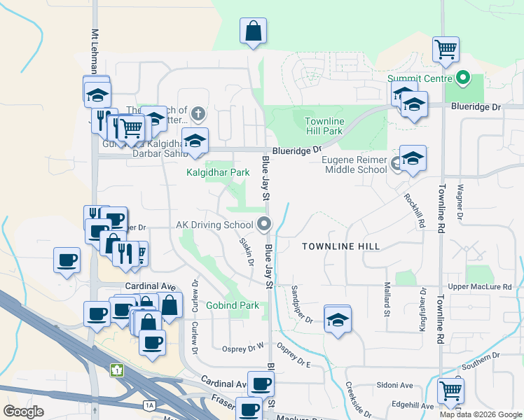 map of restaurants, bars, coffee shops, grocery stores, and more near 3365 Blue Jay Street in Abbotsford