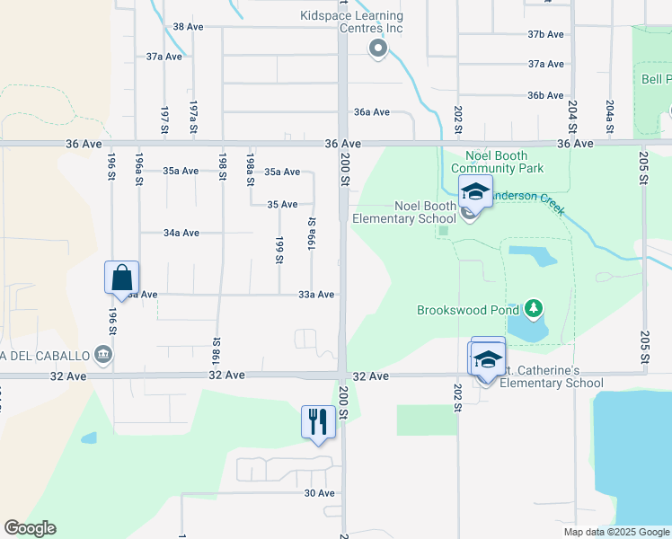 map of restaurants, bars, coffee shops, grocery stores, and more near 3383 200 Street in Langley
