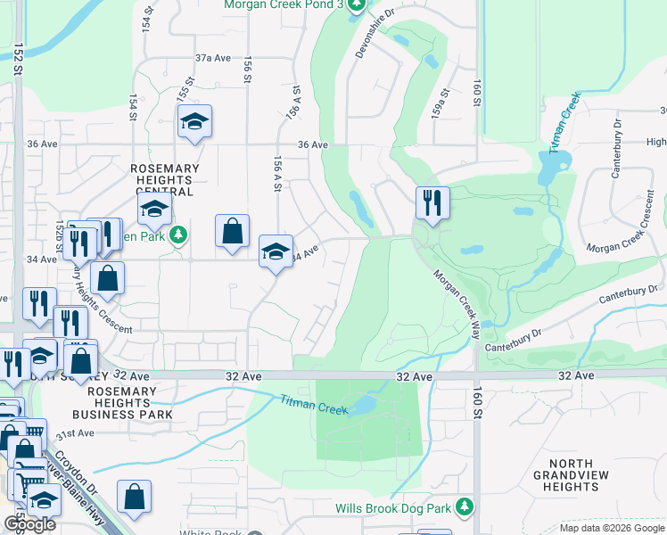 map of restaurants, bars, coffee shops, grocery stores, and more near 3343 157A Street in Surrey