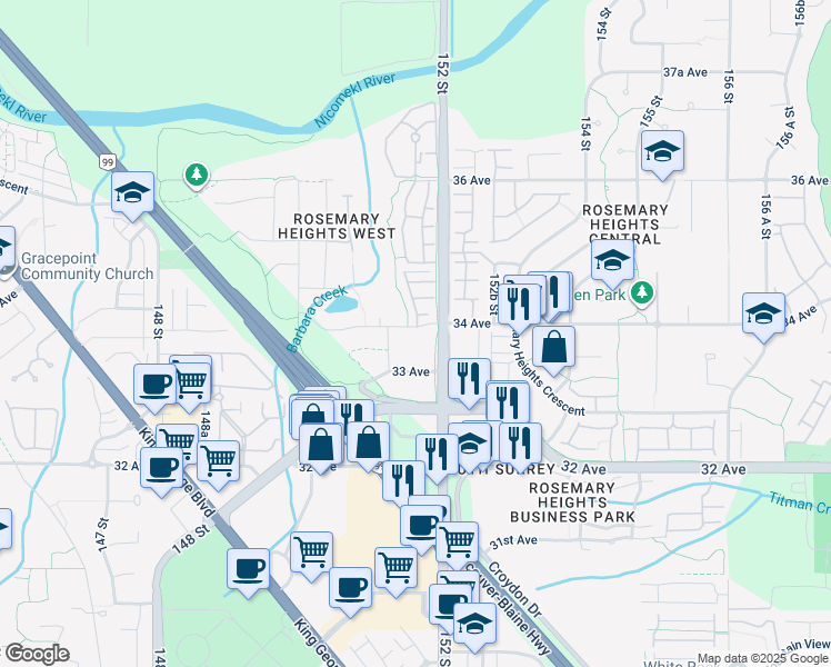map of restaurants, bars, coffee shops, grocery stores, and more near 15151 34 Avenue in Surrey