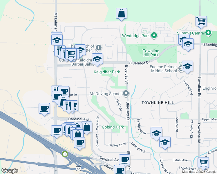 map of restaurants, bars, coffee shops, grocery stores, and more near 3336 Siskin Drive in Abbotsford