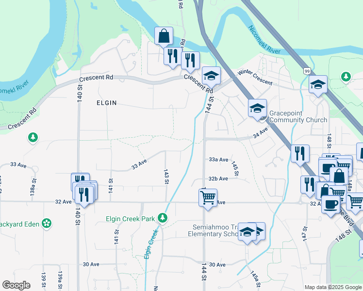 map of restaurants, bars, coffee shops, grocery stores, and more near 14353 33 Avenue in Surrey