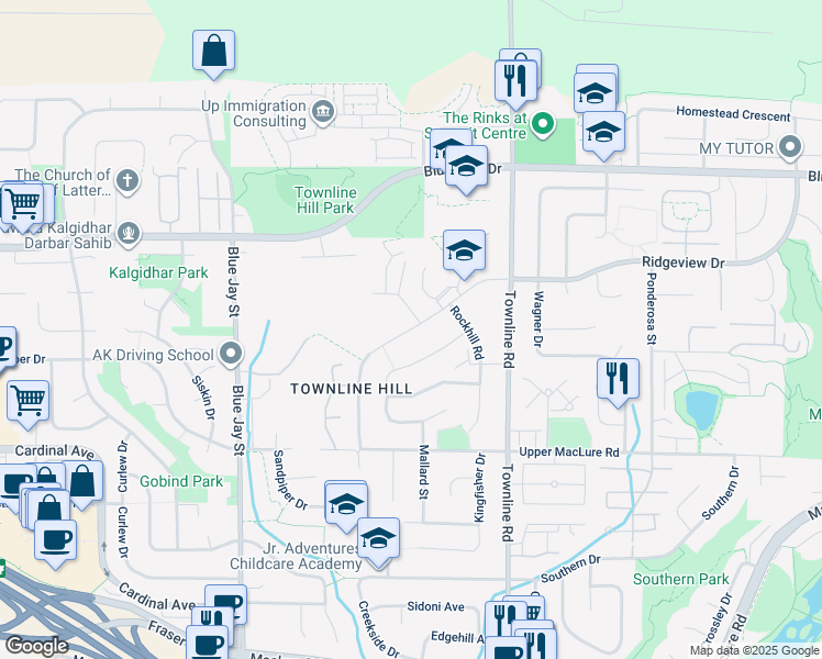 map of restaurants, bars, coffee shops, grocery stores, and more near Firhill Drive in Abbotsford