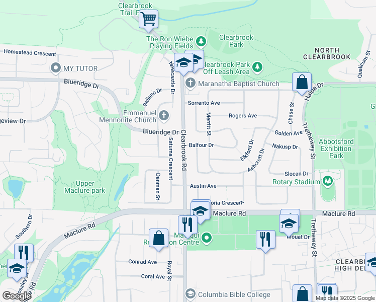 map of restaurants, bars, coffee shops, grocery stores, and more near 3386 Clearbrook Road in Abbotsford