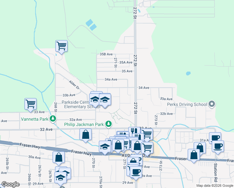 map of restaurants, bars, coffee shops, grocery stores, and more near 3363 271A Street in Langley Township