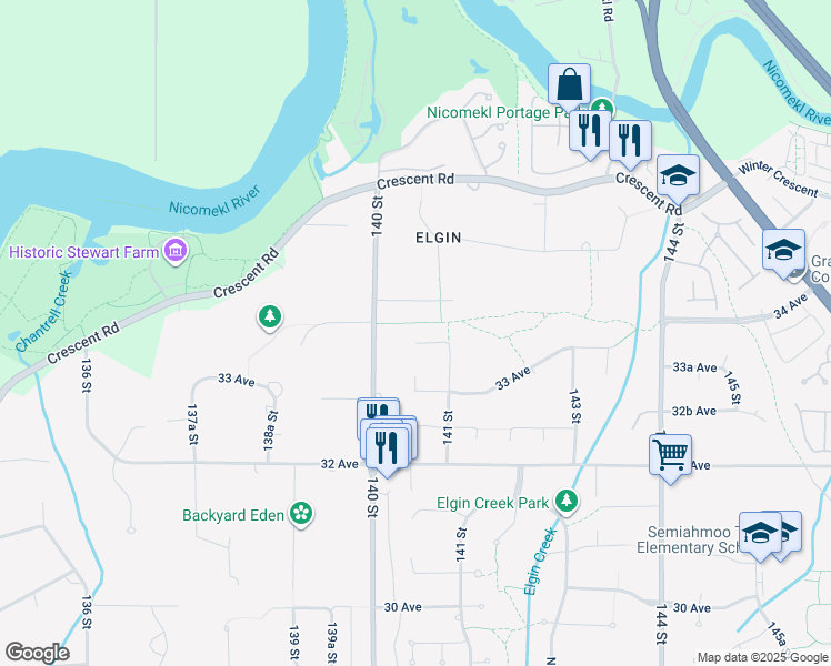 map of restaurants, bars, coffee shops, grocery stores, and more near 14059 33B Avenue in Surrey