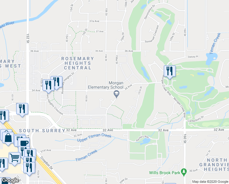 map of restaurants, bars, coffee shops, grocery stores, and more near 15648 34 Avenue in Surrey