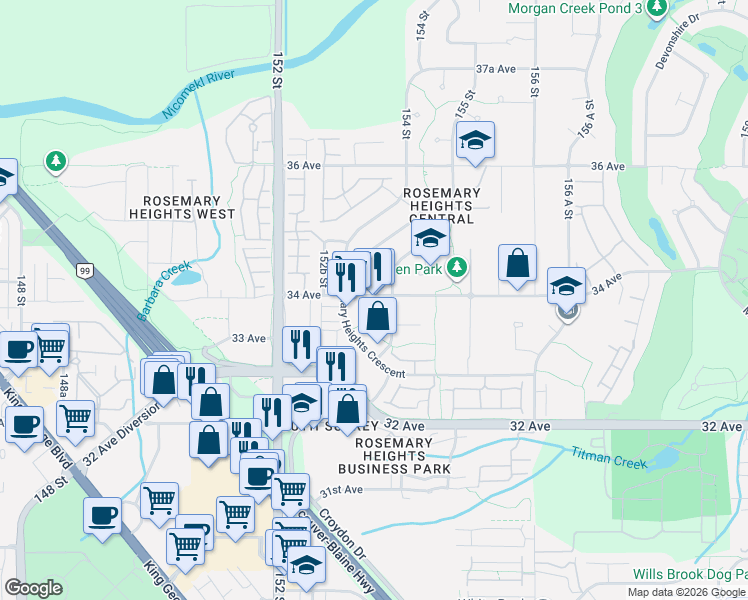 map of restaurants, bars, coffee shops, grocery stores, and more near 15350 34 Avenue in Surrey