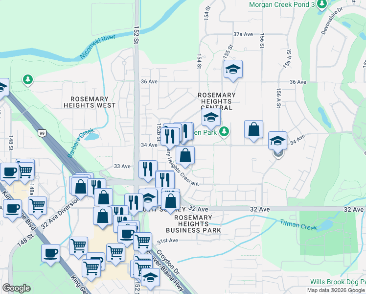 map of restaurants, bars, coffee shops, grocery stores, and more near 15350 34 Avenue in Surrey